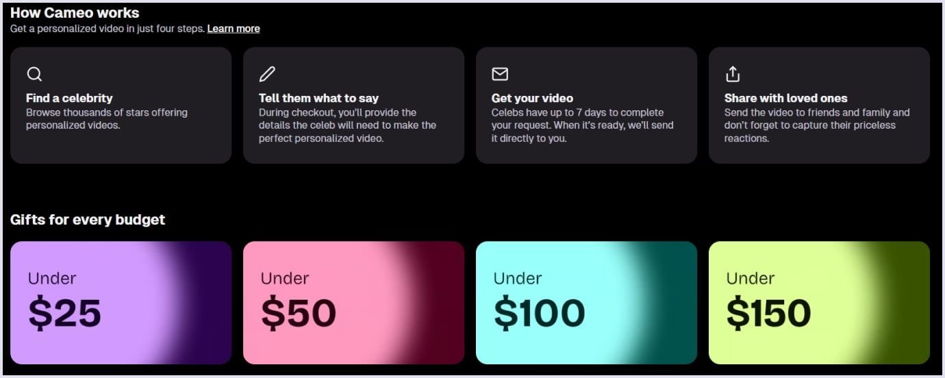 Cameo service marketplace features Cameo service marketplace offer