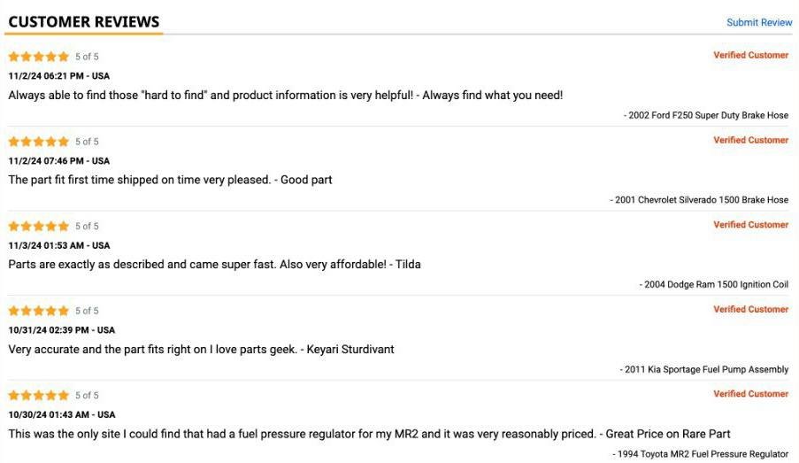 Customer reviews on Parts Geek highlighting satisfaction with product accuracy, pricing, and delivery