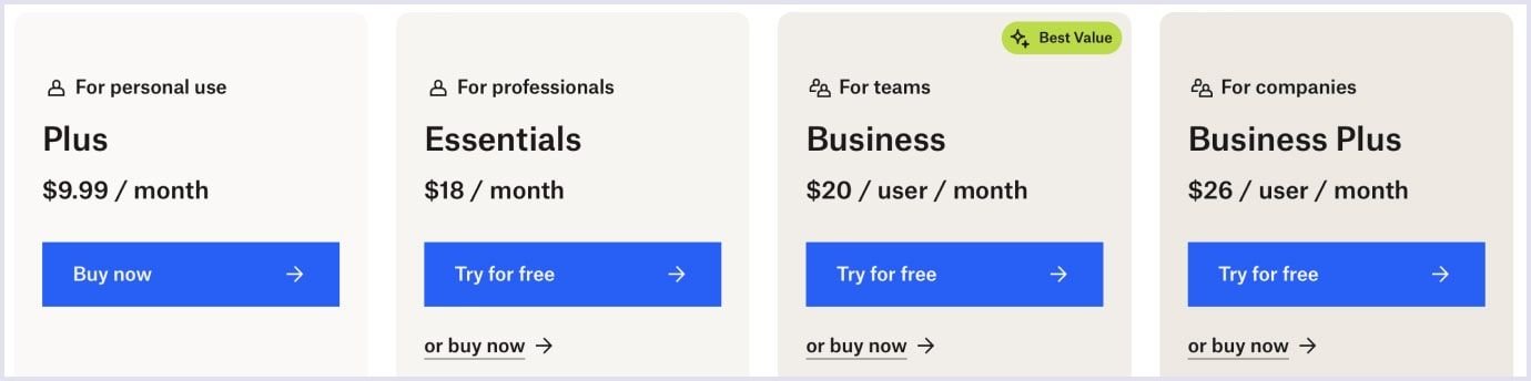 Example of Dropbox pricing