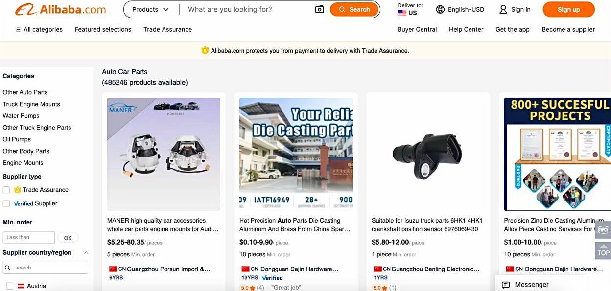 Alibaba’s auto parts marketplace with diverse listings and seller management tools