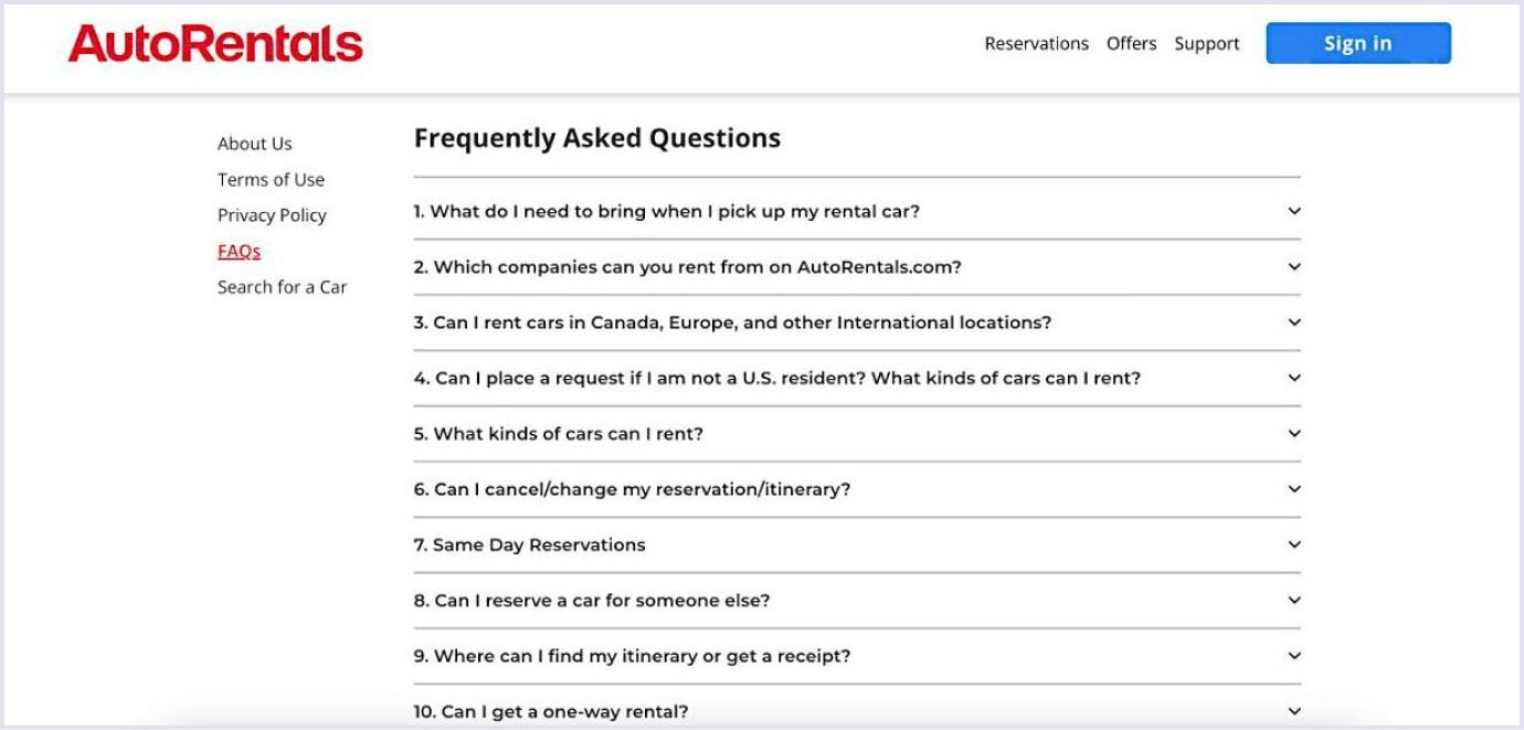 AutoRentals FAQ section with commonly asked questions about car rental services