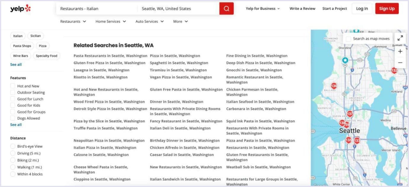 Yelp related searches for Italian restaurants in Seattle with map view