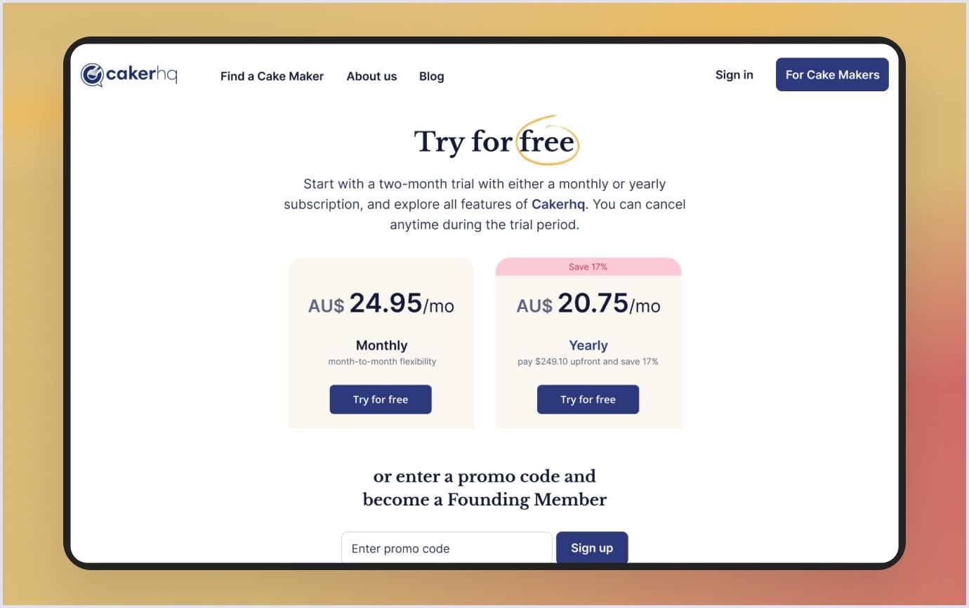 Example of CakerHQ pricing