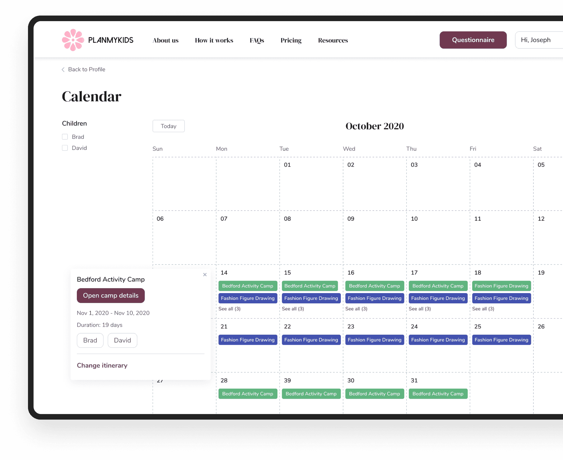Convenient calendar on the booking marketplace PlanMyKids