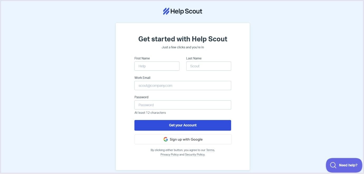 HelpScout's sign-up form