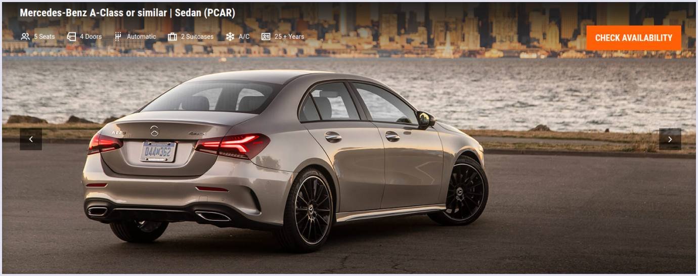 A car rental website example featuring a Mercedes-Benz A-Class vehicle listing