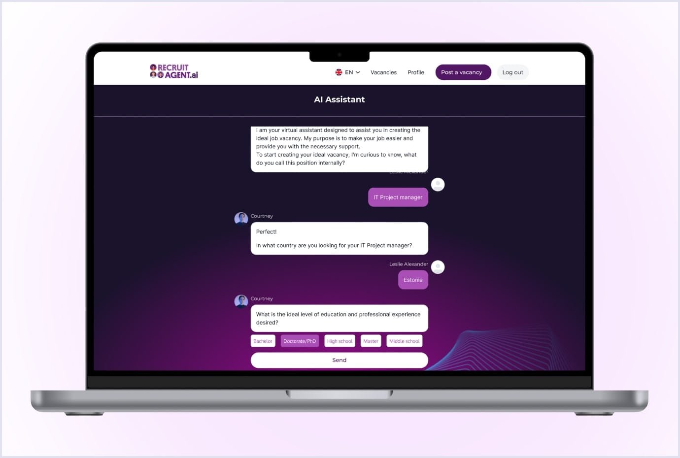 RecruitAgent.ai AI Assistant Interface Screenshot of the RecruitAgent.ai assistant