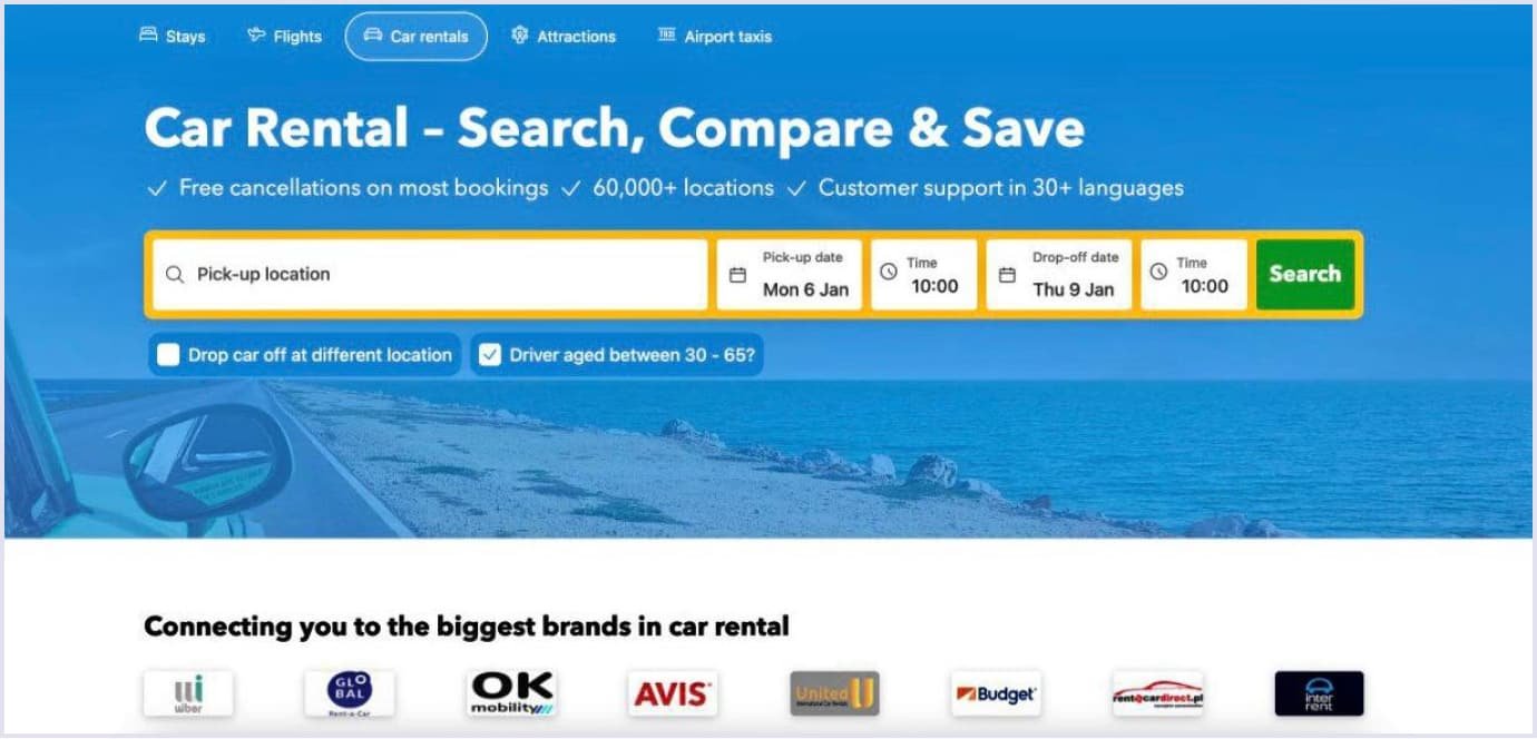 Rentalcars.com car rental search and booking interface