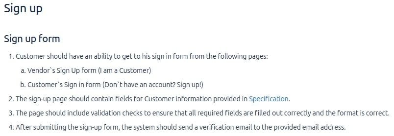 Detailed acceptance criteria for software sign up feature