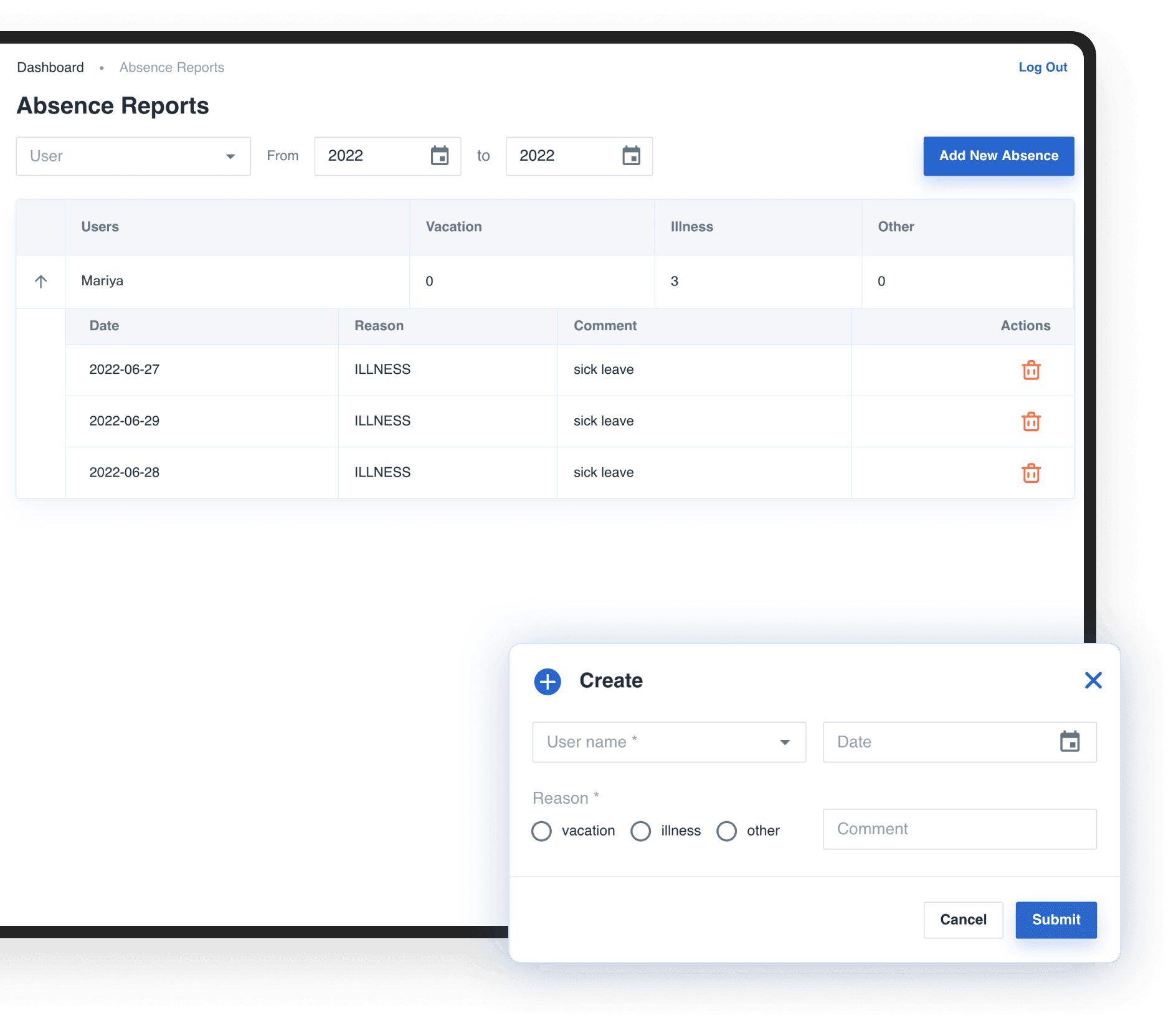 Simple absence tracking for work time tracker | Codica