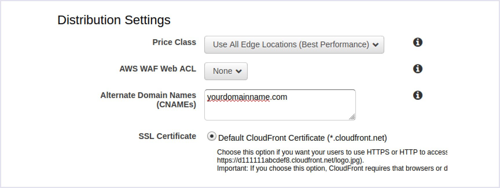 Entering real domain name and getting default CloudFront certificate