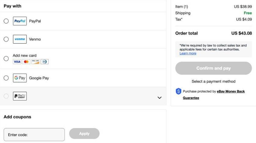 eBay Motors checkout page with multiple payment options