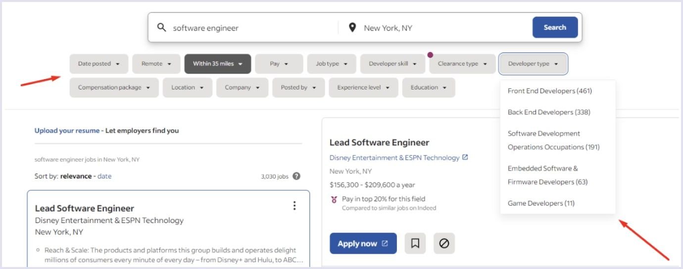 Job seeker search filters on Indeed