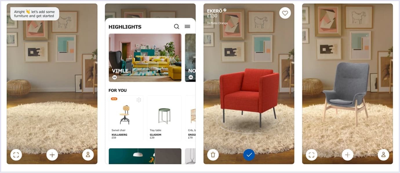 IKEA Place AR app: virtual living room space with various furniture options like a yellow sofa, red chair, and side tables that the user can interactively place and arrange.