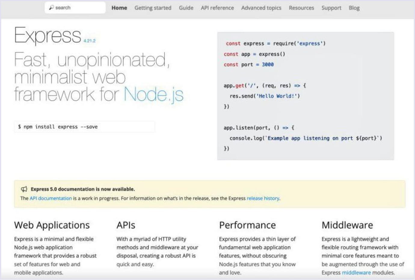 Express.js homepage showcasing its speed, flexibility, and API capabilities