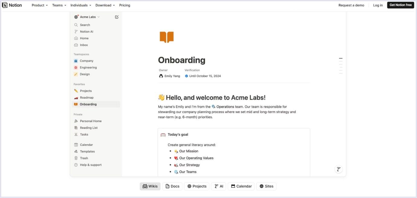 Notion onboarding page with feature explanations