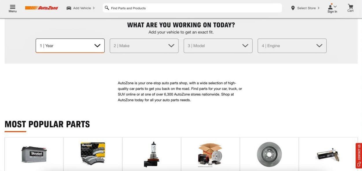 AutoZone’s website with a search function that lets customers filter auto parts