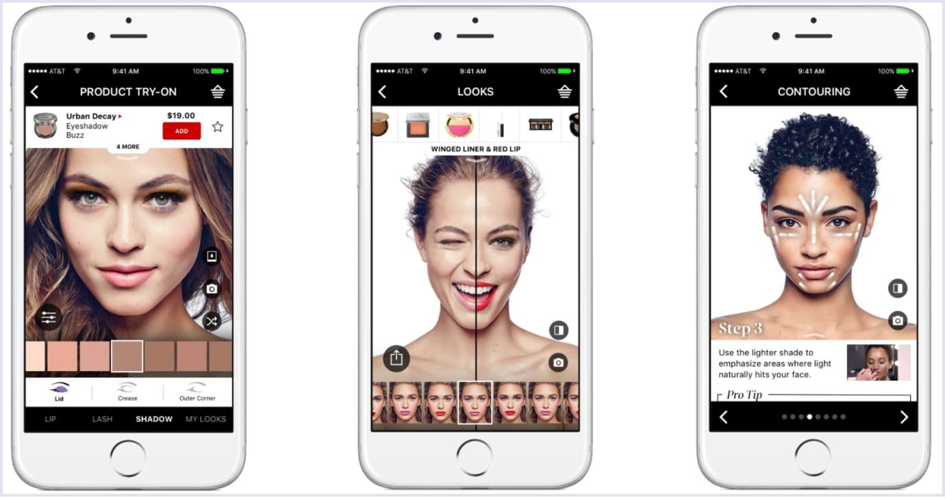 Sephora mobile app showcasing the Virtual Artist augmented reality feature, which allows users to virtually try on different makeup products and styles.