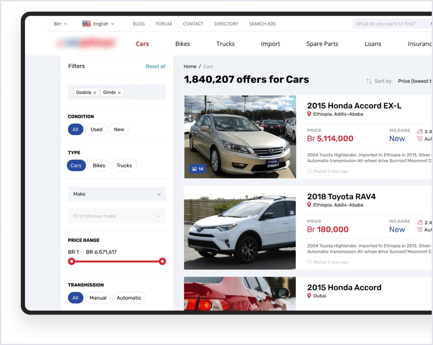 Car marketplace search system and filters example