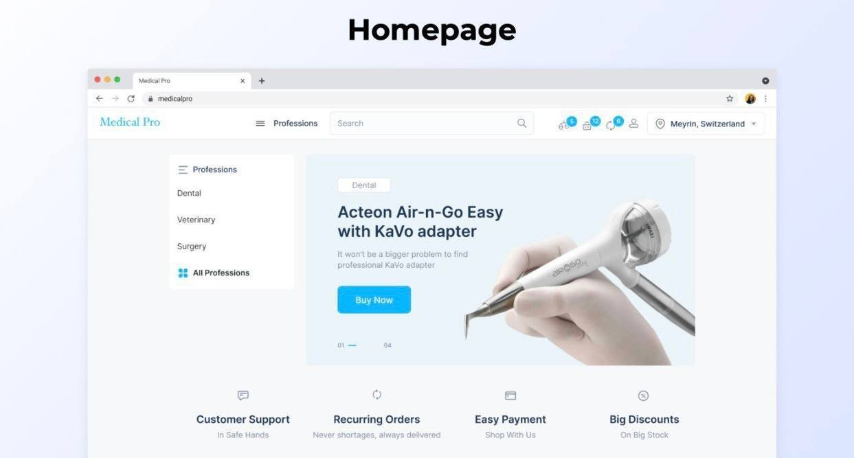 A clean, modern homepage design for a medical marketplace featuring navigation and product highlights