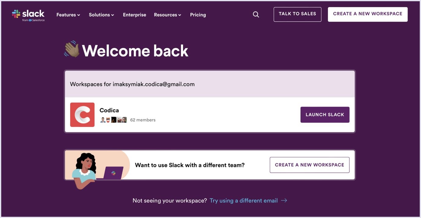 Slack welcome page