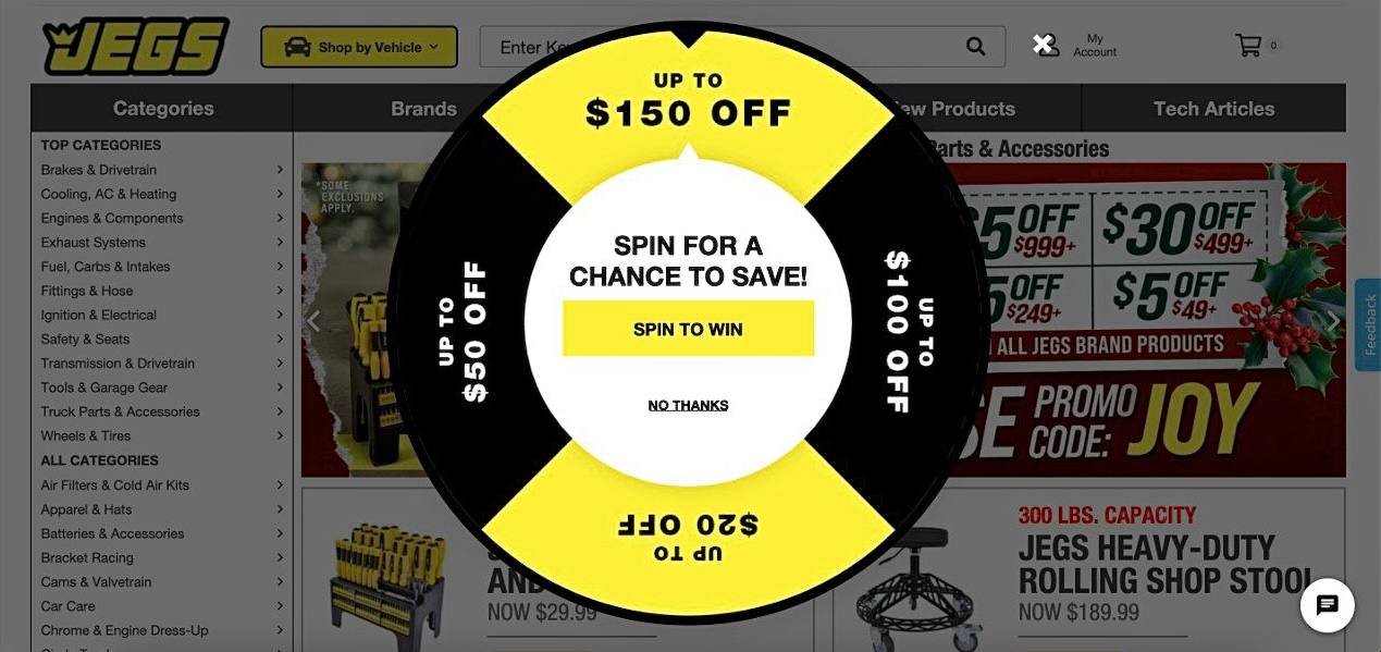 JEGS spin-to-win wheel offering discounts, engaging customers with exclusive promotions