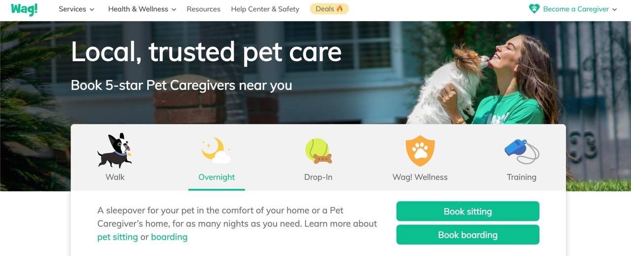 Wag! pet care booking platform with services like walking, overnight stays, and training