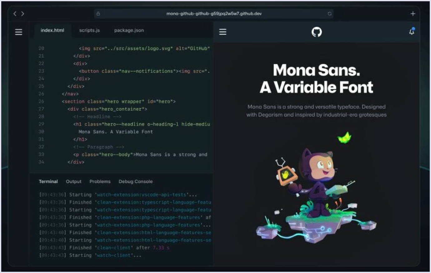 GitHub interface showcasing Mona Sans variable font with code editor and Octocat illustration