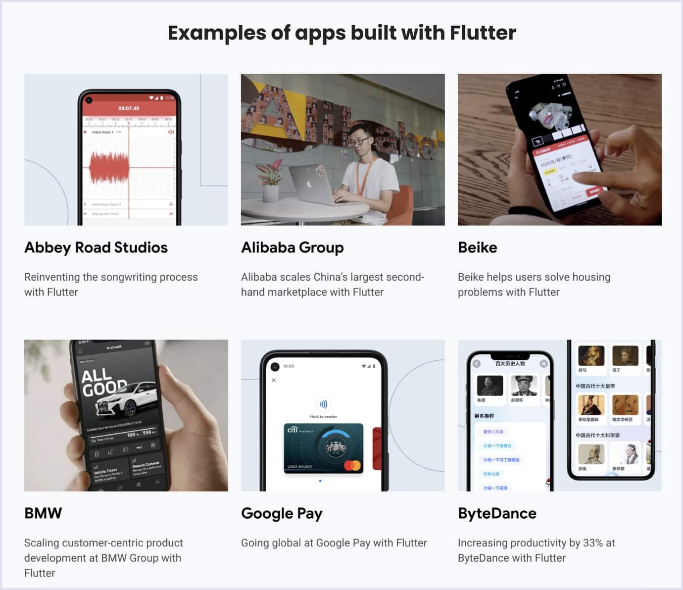 Examples of apps built with Flutter