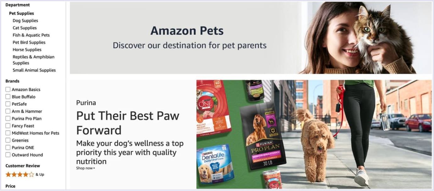 Amazon Pets section featuring a variety of pet products and top brands