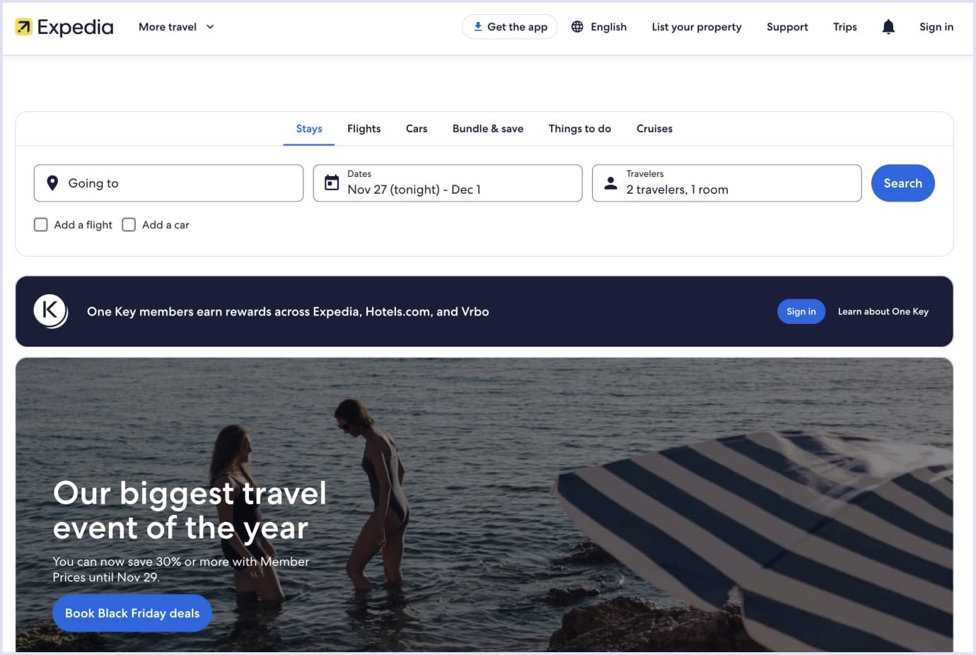 Home page of Expedia's webiste