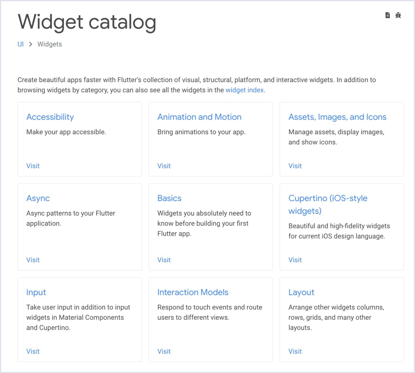 List of widgets Flutter offers
