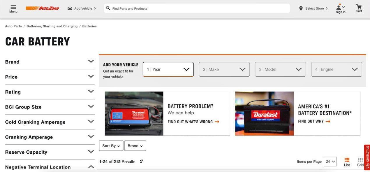 AutoZone homepage with easy navigation and search filters