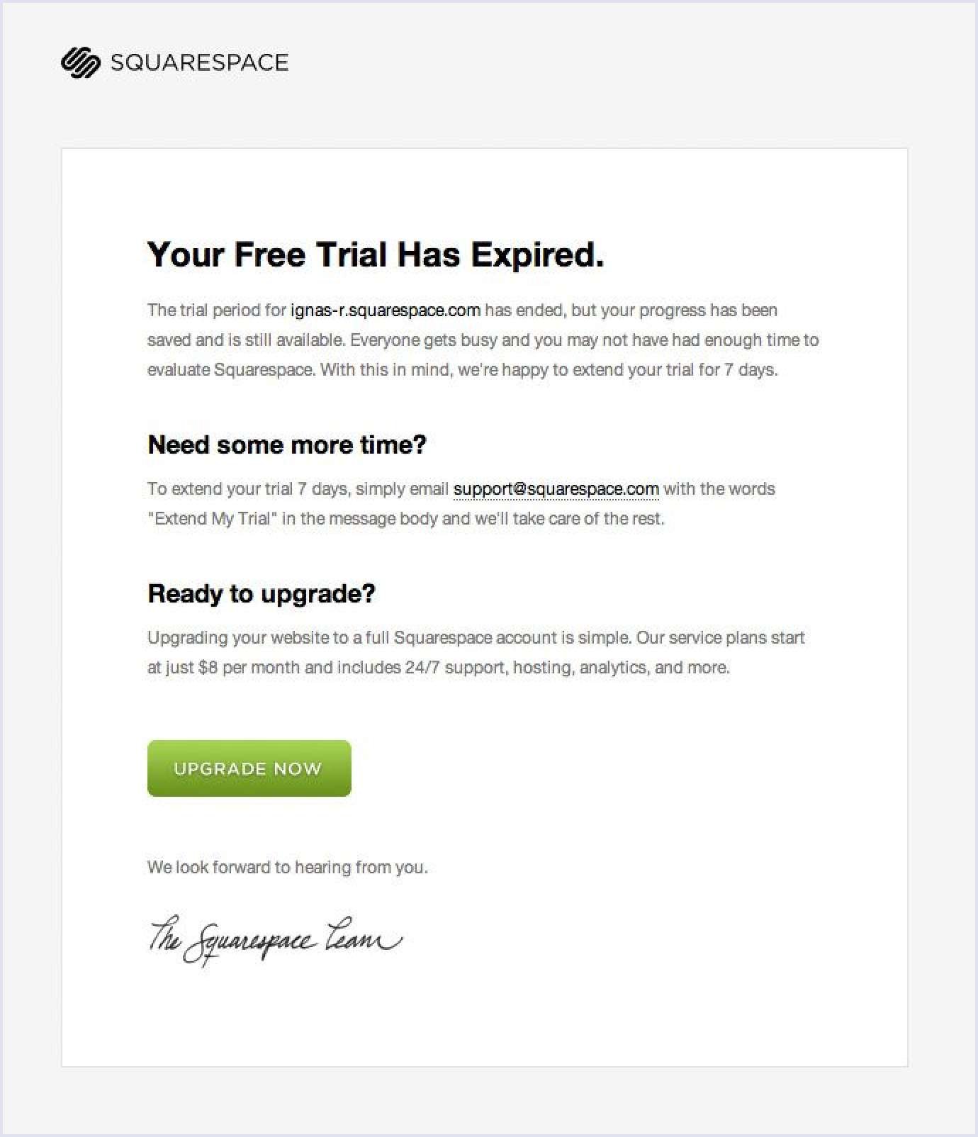 Free trial end notification from Squarespace