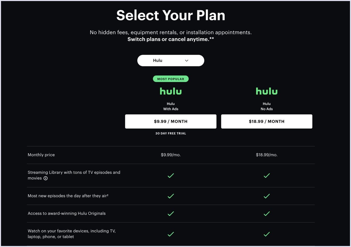 Hulu subscription plans