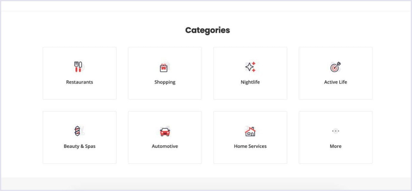 Yelp's website interface showing categories