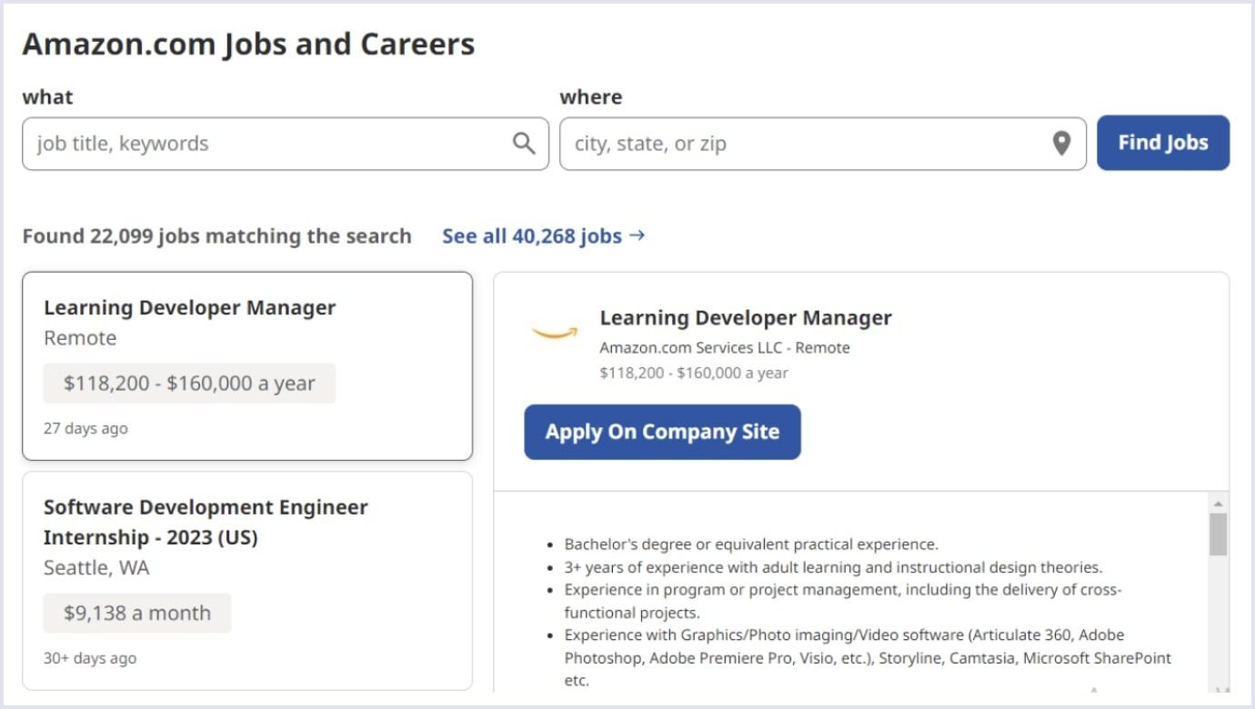 Job listings page on the Indeed job website