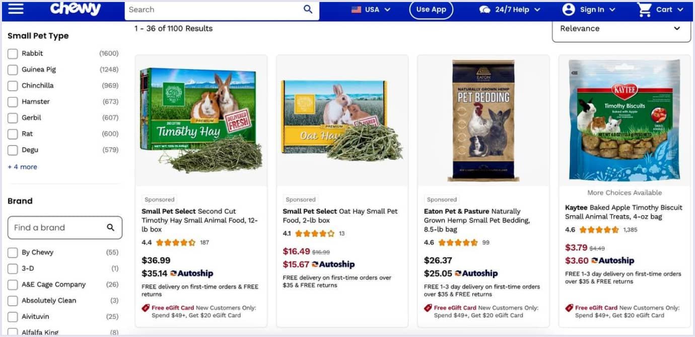 Chewy marketplace showcasing advanced search