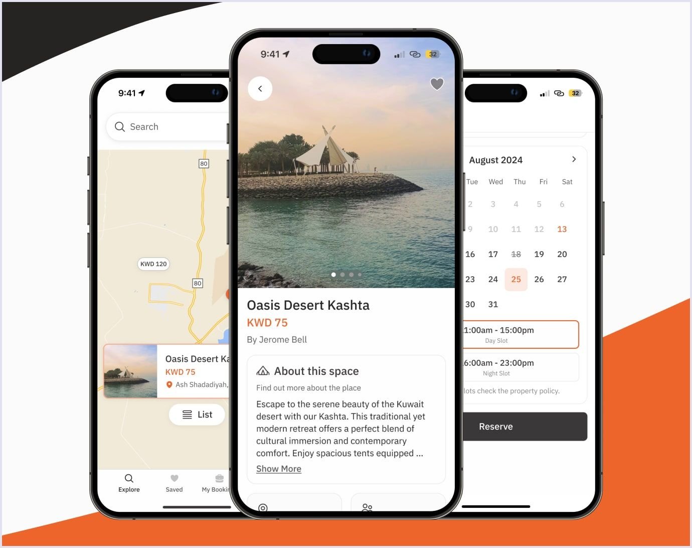 Kashta mobile app by Codica: property search, detailed listings, and a booking calendar