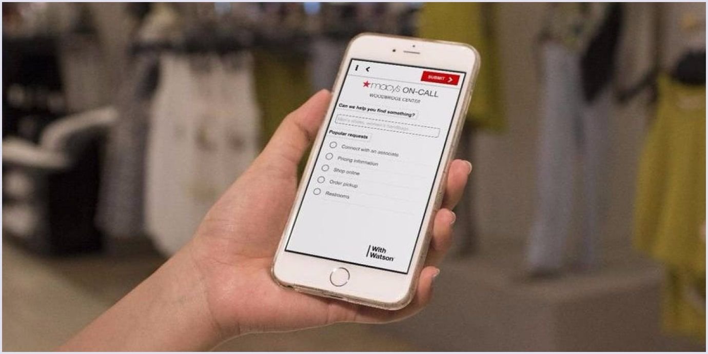 Macy's On-Call AI chatbot interface on a smartphone, displaying a survey question asking the user "Can we help you find something?"