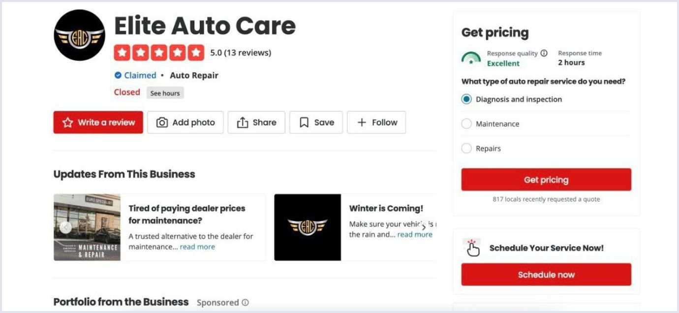 Yelp profile for Elite Auto Care