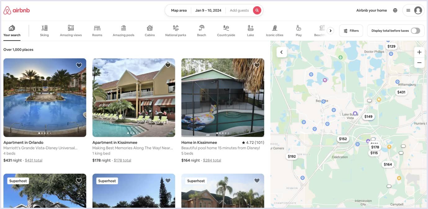 Airbnb search with a map