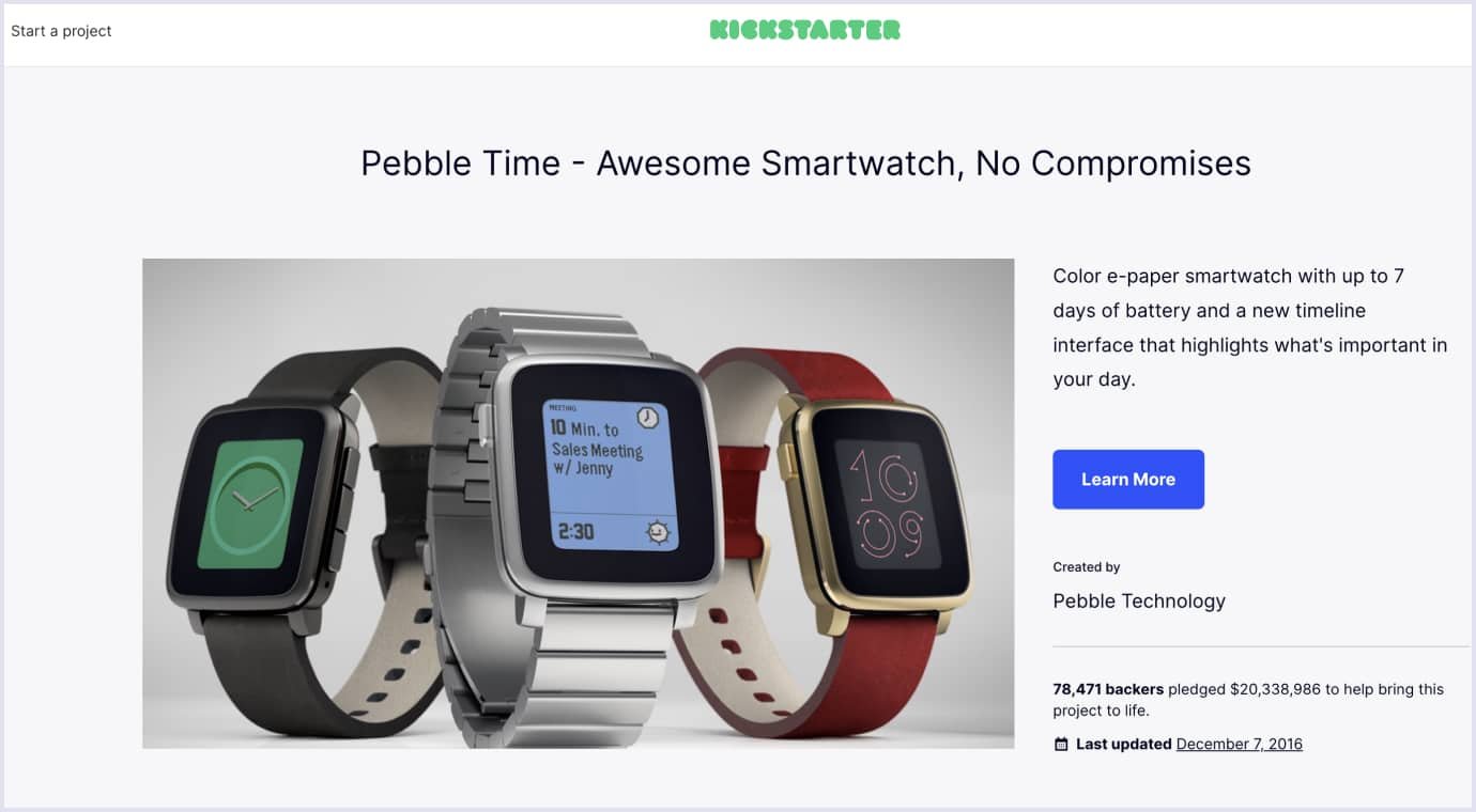Example of crowdfunding for Pebble Time MVP