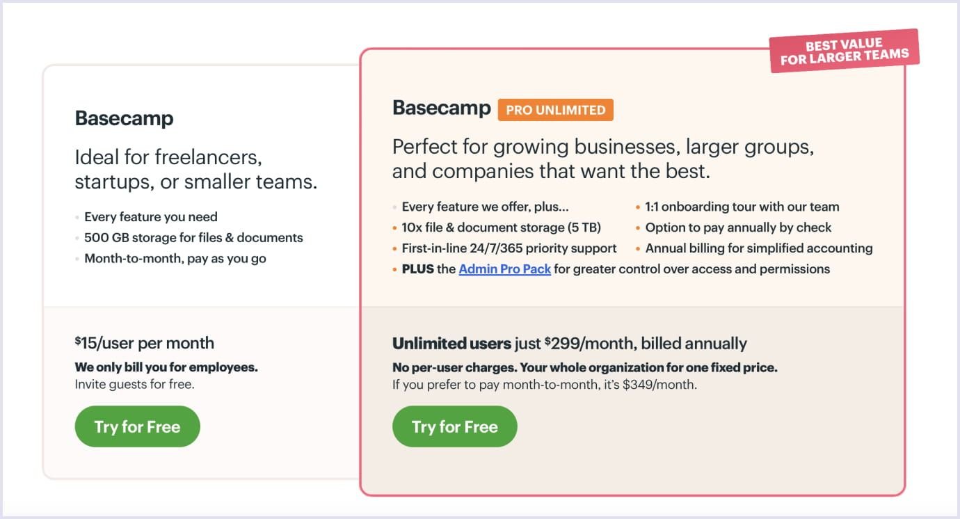 Example of Basecamp pricing