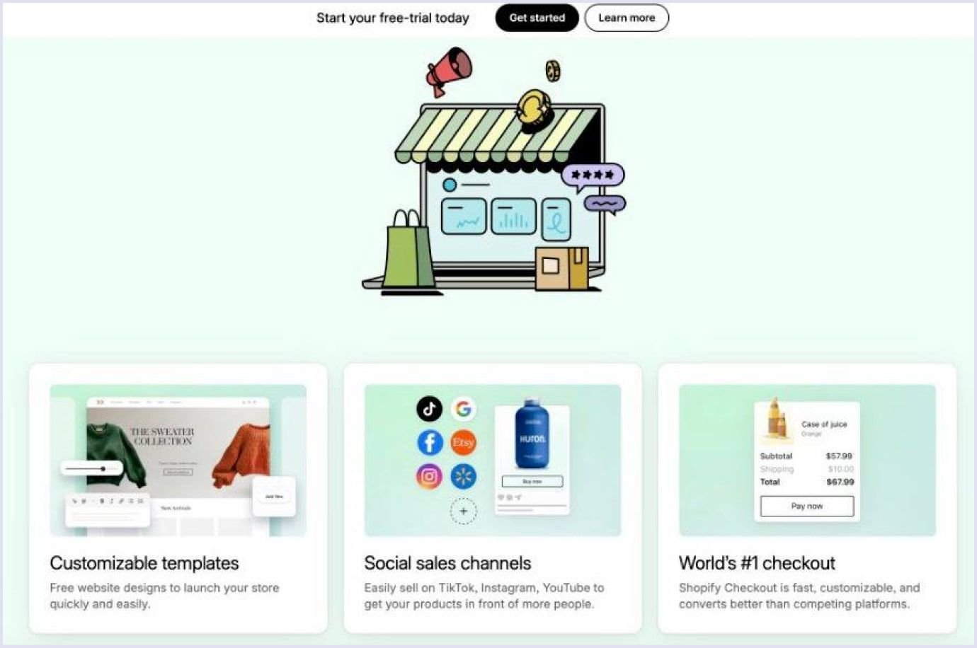 Shopify homepage showcasing customizable templates, social sales channels, and fast checkout