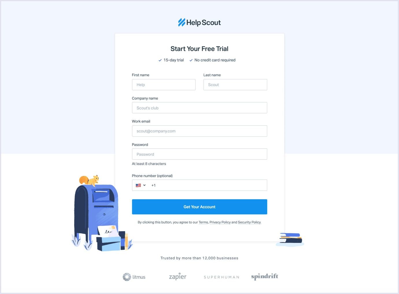 Sign-up form of HelpScout