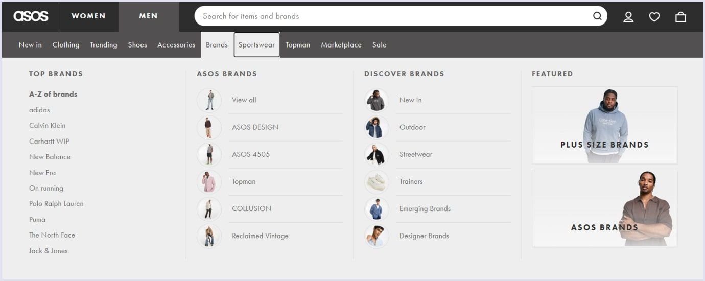 Navigation UX design example by ASOS