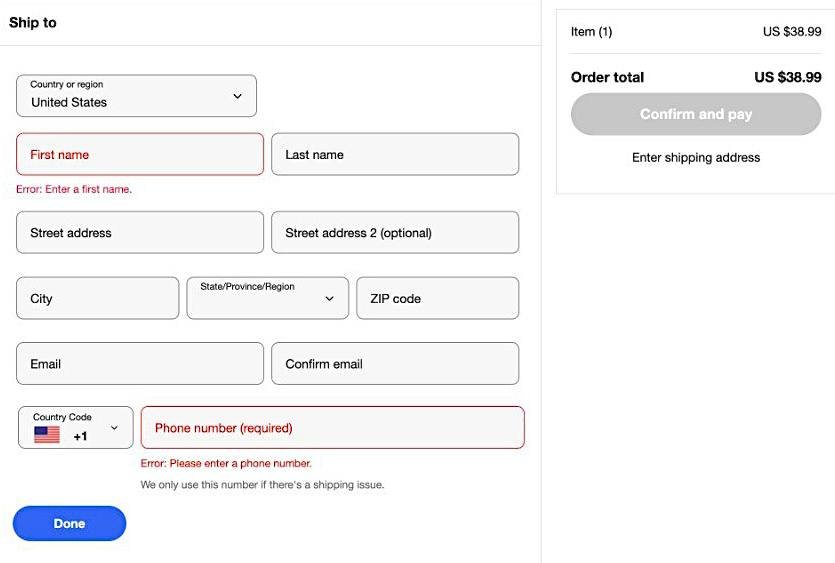 eBay Motors checkout page with a shipping address form and order summary for completing a purchase