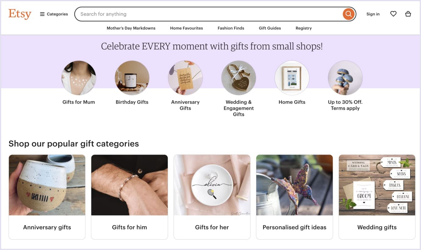 Etsy home page example