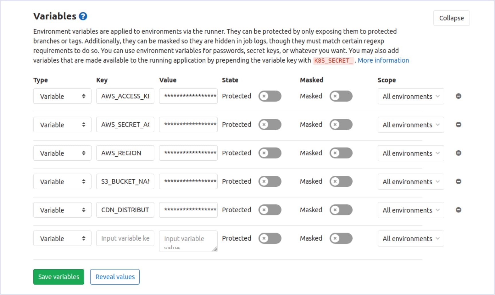 The page of environment variables with keys